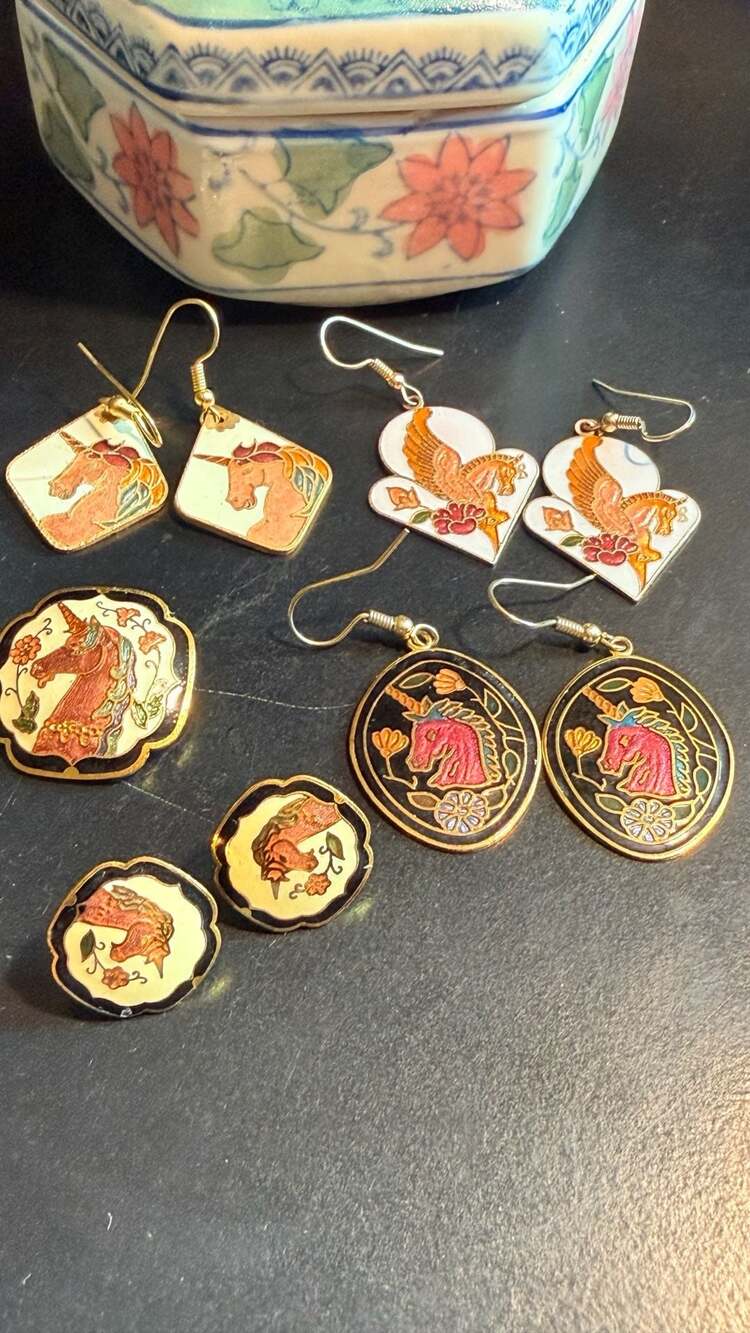 Vintage Cloisonné Enamel Unicorn Jewelry Collection (Multiple Pairs of Earrings